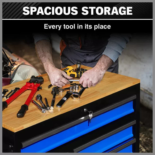 Horusdy 42 Inch 8 Drawer Tool Cabinet 1000 Lbs Wood Top Power Strip Casters Blue Tool Cabinets & Cupboards