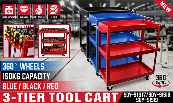 Red 3 Tier Tool Cart Trolley Toolbox Workshop Garage Storage 150Kg Organizer Tool & Equipment Trolleys