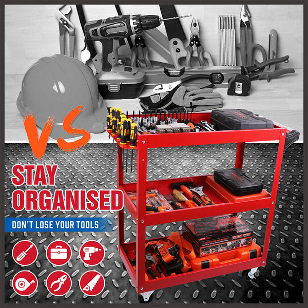 Red 3 Tier Tool Cart Trolley Toolbox Workshop Garage Storage 150Kg Organizer Tool & Equipment Trolleys