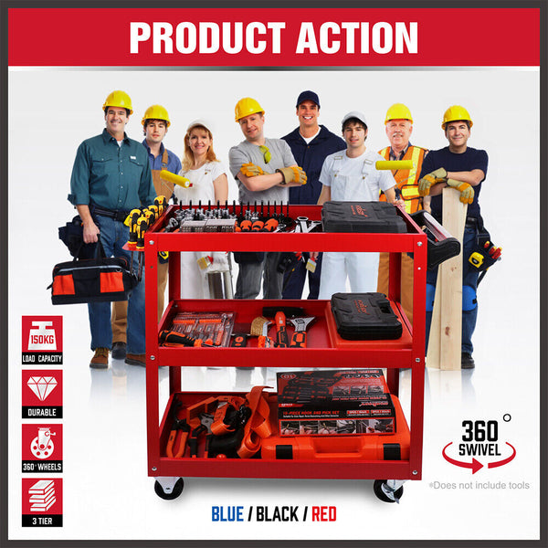 Red 3 Tier Tool Cart Trolley Toolbox Workshop Garage Storage 150Kg Organizer Tool & Equipment Trolleys