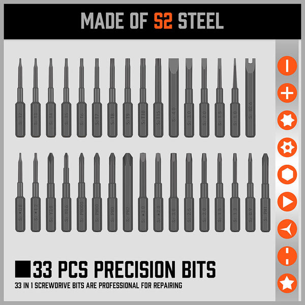 33 Pc Precision Screwdriver Set Bits Philip Flat Slotted Torx Hex Electronic Fix Screwdrivers & Nutdrivers