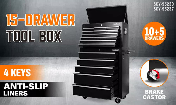 Black15 Drawer Tool Box Trolley Cabinet Storage Cart Garage Toolbox Organiser Tool & Equipment Trolleys