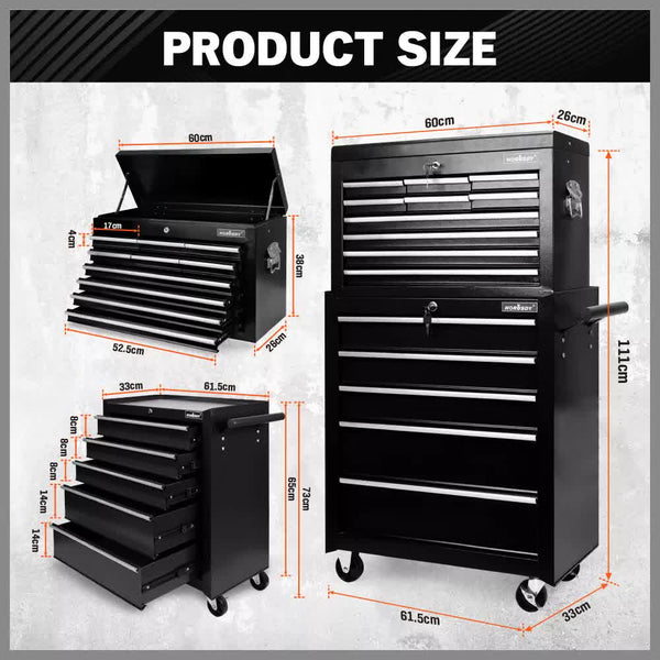Black15 Drawer Tool Box Trolley Cabinet Storage Cart Garage Toolbox Organiser Tool & Equipment Trolleys