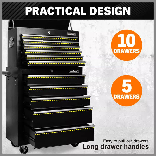 Black15 Drawer Tool Box Trolley Cabinet Storage Cart Garage Toolbox Organiser Tool & Equipment Trolleys