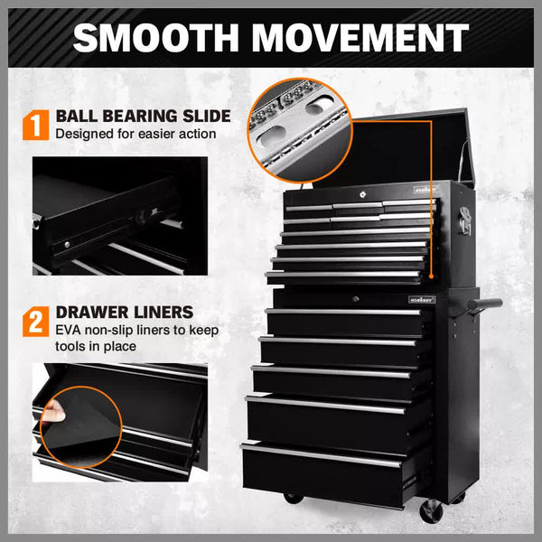 Black15 Drawer Tool Box Trolley Cabinet Storage Cart Garage Toolbox Organiser Tool & Equipment Trolleys