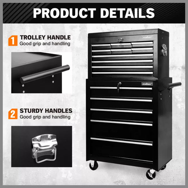 Black15 Drawer Tool Box Trolley Cabinet Storage Cart Garage Toolbox Organiser Tool & Equipment Trolleys