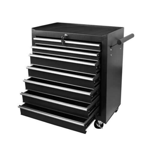 Black 7 Drawer Tool Box Trolley Cabinet Storage Cart Garage Toolbox Organiser Set Tool & Equipment Trolleys