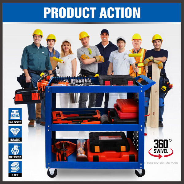 Sedy Blue 3 Tier Tool Cart Storage Trolley Toolbox Workshop Garage Organiser 150Kg Tool Boxes