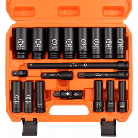 18Pc Deep Impact Socket Set Imperial / Sae Extension Flexible Adaptor 1/2" Drive Sockets & Socket Sets