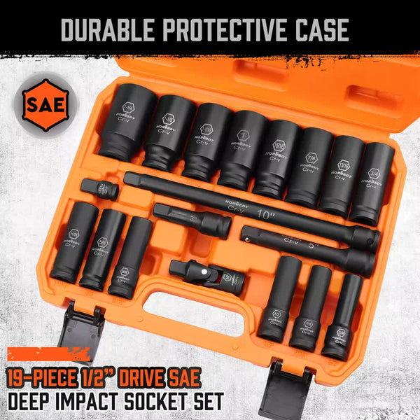 18Pc Deep Impact Socket Set Imperial / Sae Extension Flexible Adaptor 1/2" Drive Sockets & Socket Sets
