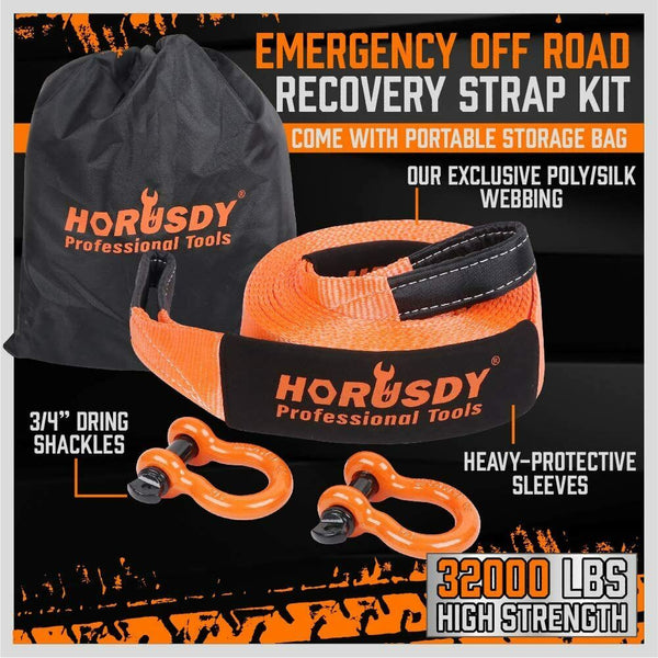 Horusdy Heavy Duty 9.1M Recovery Tow Straps Snatch Kit 32000 Lbs Break Strength With Ring Shackles For Off Roading And Hauling Recovery Tracks