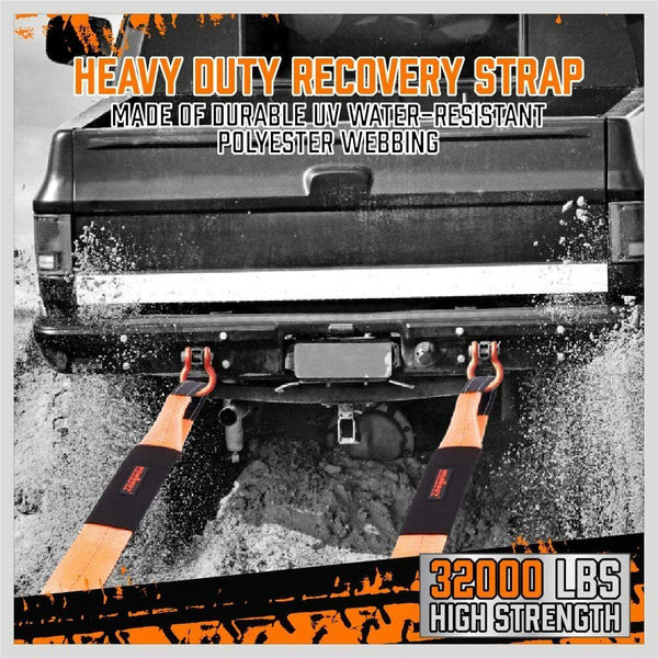 Horusdy Heavy Duty 9.1M Recovery Tow Straps Snatch Kit 32000 Lbs Break Strength With Ring Shackles For Off Roading And Hauling Recovery Tracks