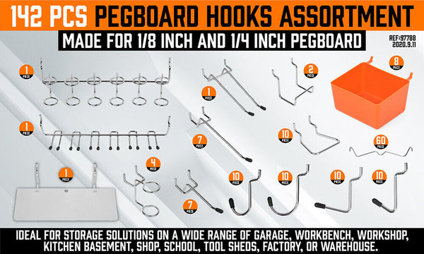 142Pc Pegboard Hooks Set Board Hanger Assortment Storage Trays Organiser Bin Other Tool Storage