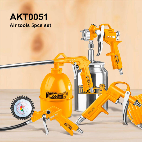 Ingco 5Pc Compessor Air Tool Set Paint Sprayer Blower Wash Tyre Inflating 5M Hose Air Compressors