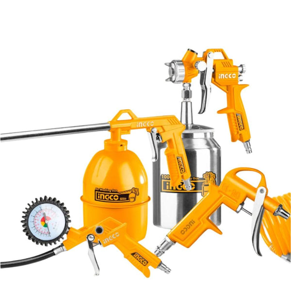 Ingco 5Pc Compessor Air Tool Set Paint Sprayer Blower Wash Tyre Inflating 5M Hose Air Compressors