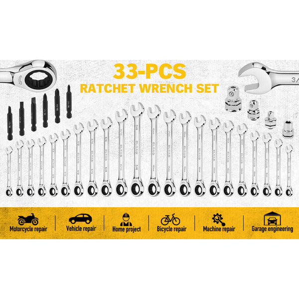 Elead 33Pcs Ratchet Wrench Set Sae Metric Phillips Slotted Bits Adapter Other Auto Tools & Supplies