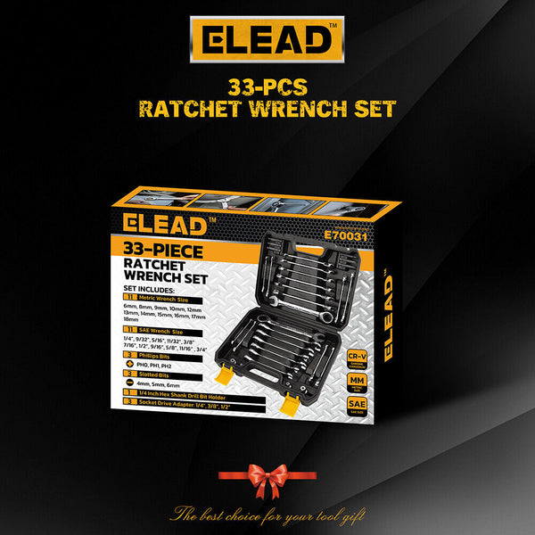 Elead 33Pcs Ratchet Wrench Set Sae Metric Phillips Slotted Bits Adapter Other Auto Tools & Supplies