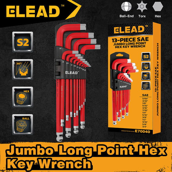 Elead 13Pc Extra Large Hex Key Set Long Allen Wrench Ball End Sae 5/64" 3/4 Wrench Sets
