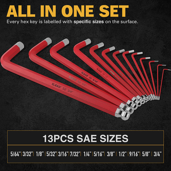 Elead 13Pc Extra Large Hex Key Set Long Allen Wrench Ball End Sae 5/64" 3/4 Wrench Sets
