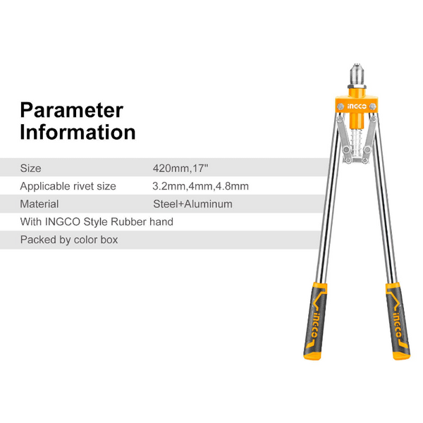Ingco 17" Hand Riverter Long Arm Pop Heavy Duty For 3.2Mm 4Mm & 4.8Mm Other Hand Tools