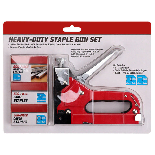 Heavy Duty Staple Gun Set 2In1 Stapler + 1500Pc Staples Tacker Hand Fastener Tool Staplers