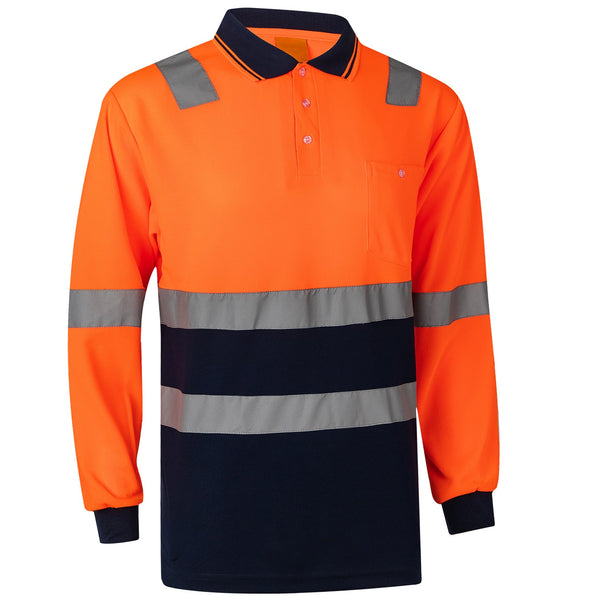 Hi Vis Long Sleeve Workwear Shirt Reflective Tape Cool Dry Safety Polo 2 Tone Fluoro Orange / Navy M Other Safety & Protective Gear