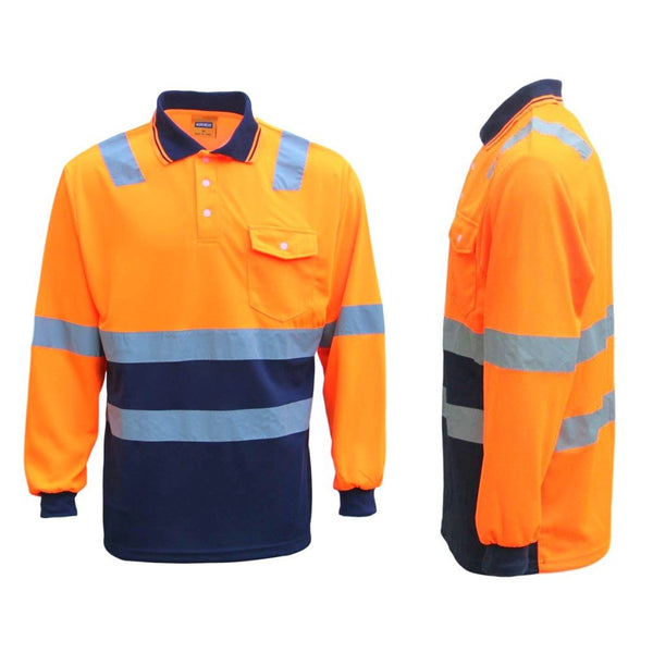 Hi Vis Long Sleeve Workwear Shirt Reflective Tape Cool Dry Safety Polo 2 Tone Fluoro Orange / Navy M Other Safety & Protective Gear