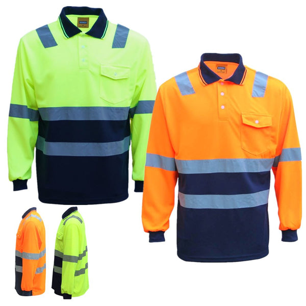 Hi Vis Long Sleeve Workwear Shirt Reflective Tape Cool Dry Safety Polo 2 Tone Fluoro Orange / Navy M Other Safety & Protective Gear
