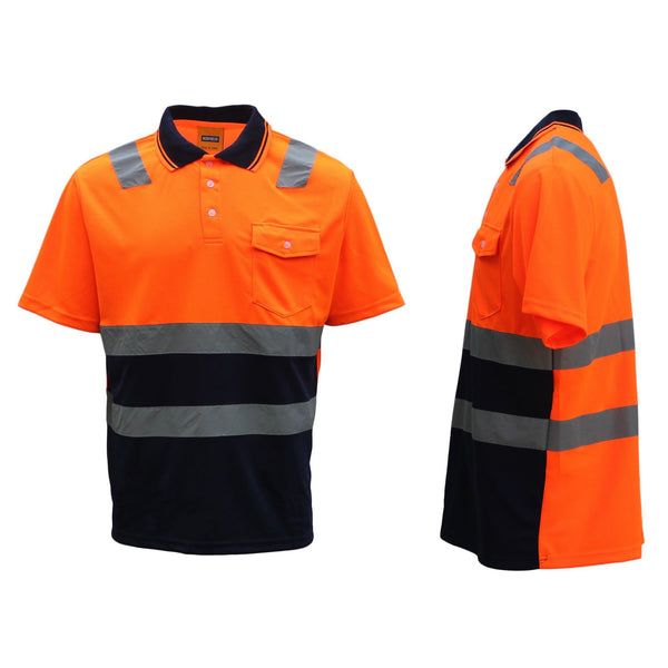Hi Vis Short Sleeve Workwear Shirt Reflective Tape Cool Dry Safety Polo 2 Tone Fluoro Orange / Navy T Shirts