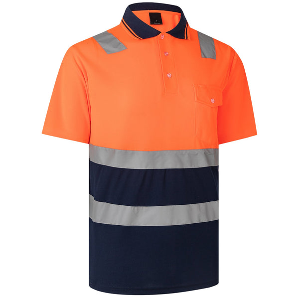 Hi Vis Short Sleeve Workwear Shirt Reflective Tape Cool Dry Safety Polo 2 Tone Fluoro Orange / Navy T Shirts