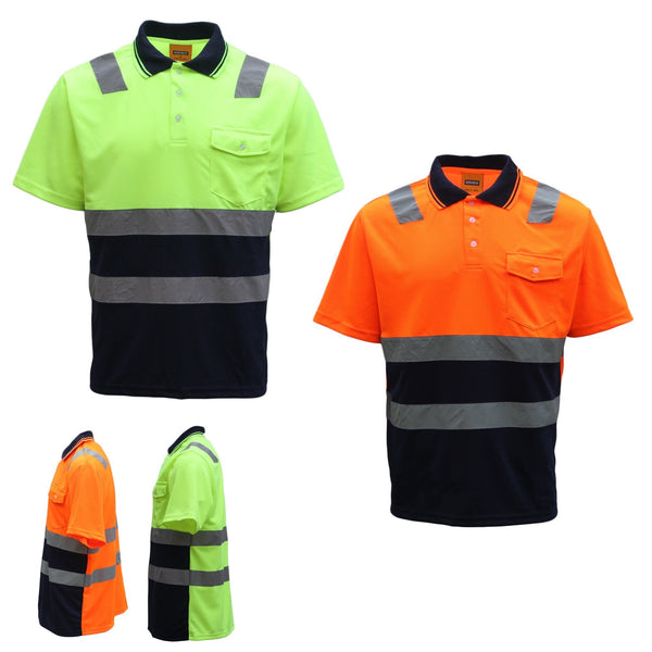 Hi Vis Short Sleeve Workwear Shirt Reflective Tape Cool Dry Safety Polo 2 Tone Fluoro Orange / Navy T Shirts