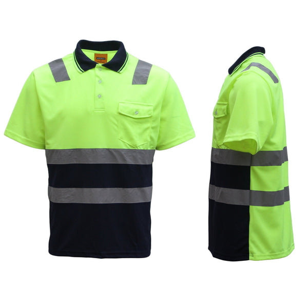 Hi Vis Short Sleeve Workwear Shirt Reflective Tape Cool Dry Safety Polo 2 Tone Fluoro Yellow / Navy M T Shirts