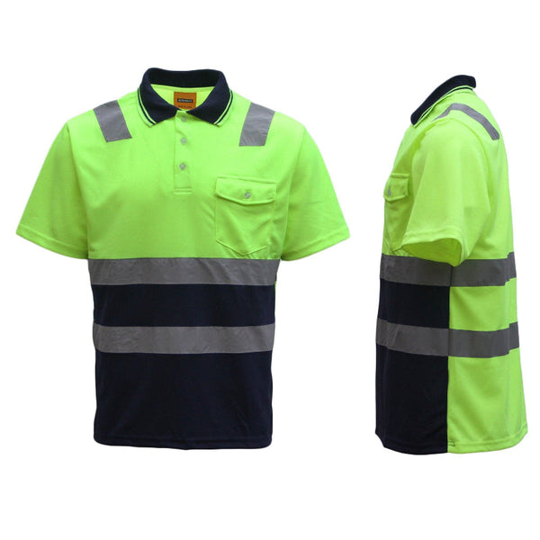 Hi Vis Short Sleeve Workwear Shirt Reflective Tape Cool Dry Safety Polo 2 Tone Fluoro Yellow / Navy 3Xl Other Safety & Protective Gear