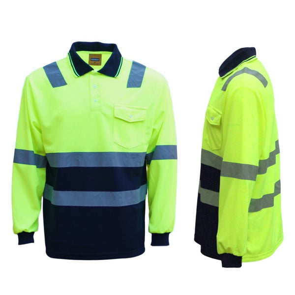 Hi Vis Long Sleeve Workwear Shirt Reflective Tape Cool Dry Safety Polo 2 Tone Fluoro Yellow /Navy Other Safety & Protective Gear