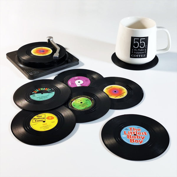 6X Creative Vinyl Record Cup W Holder Glass Drink Tableware Home Dacor A W/ Player Coasters