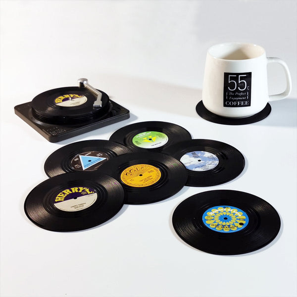 6X Creative Vinyl Record Cup W Holder Glass Drink Tableware Home Dacor A W/ Player Coasters