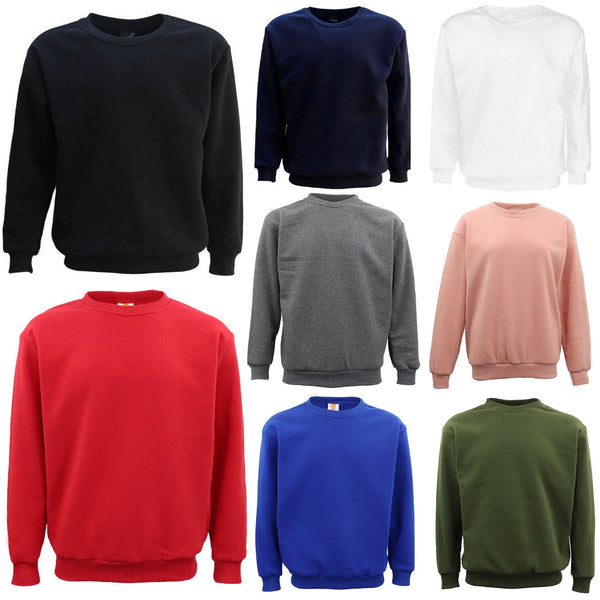 New Adult Unisex Plain Pullover Fleece Jumper Mens Long Sleeve Crew Neck Sweater Wash Pink Jumpers