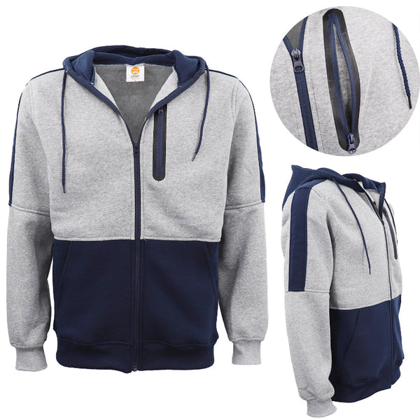 Men's Adult Full Zip Hoodie Jumper Active Two Tone Jacket Coat Sports Pocket Navy Jumpers