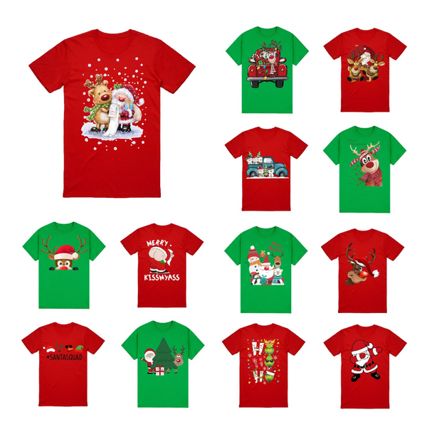 100% Cotton Christmas T Shirt Adult Unisex Tee Tops Funny Santa Party Custume Car With Reindeer (Red) T Shirts