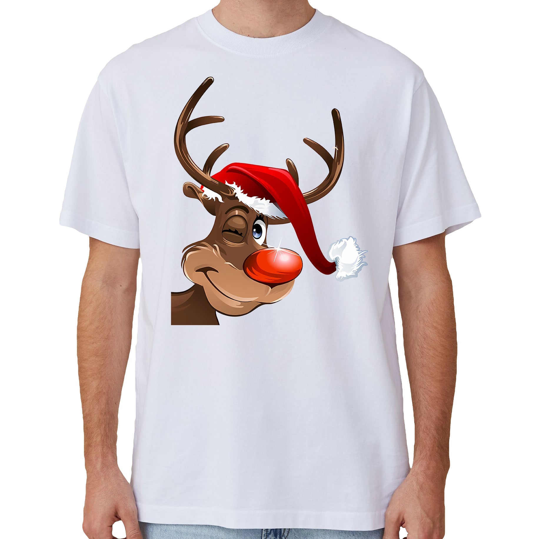 100% Cotton Christmas T Shirt Adult Unisex Tee Tops Funny Santa Party Custume Reindeer Wink (White) L Unisex Costumes