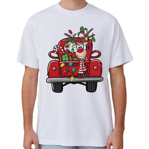 100% Cotton Christmas T Shirt Adult Unisex Tee Tops Funny Santa Party Custume Car With Reindeer (White) L Unisex Costumes