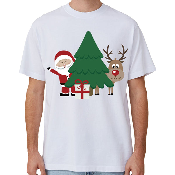 100% Cotton Christmas T Shirt Adult Unisex Tee Tops Funny Santa Party Custume With Tree (White) L Unisex Costumes
