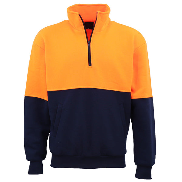 Hi Vis Safety Fleecy Half Zip Pullover Jumper Jacket Sweater Shirts Workwear Fluro Orange / Navy L Jumpers