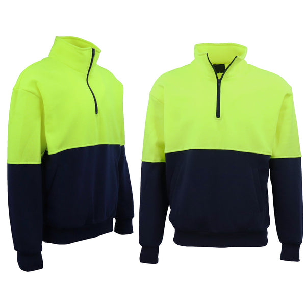 Hi Vis Safety Fleecy Half Zip Pullover Jumper Jacket Sweater Shirts Workwear Fluro Orange / Navy L Jumpers