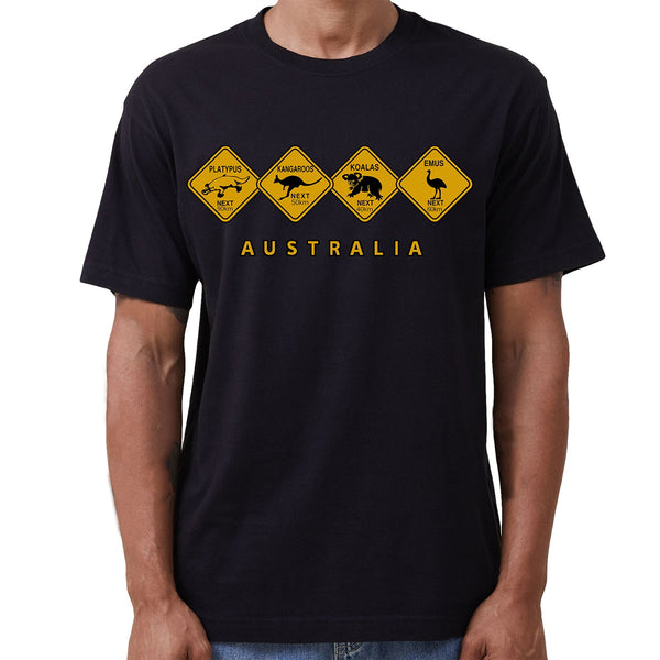 Adult Unisex 100% Cotton T Shirt Australia Wildlife Road Sign Souvenir Tee Tops Black T Shirts