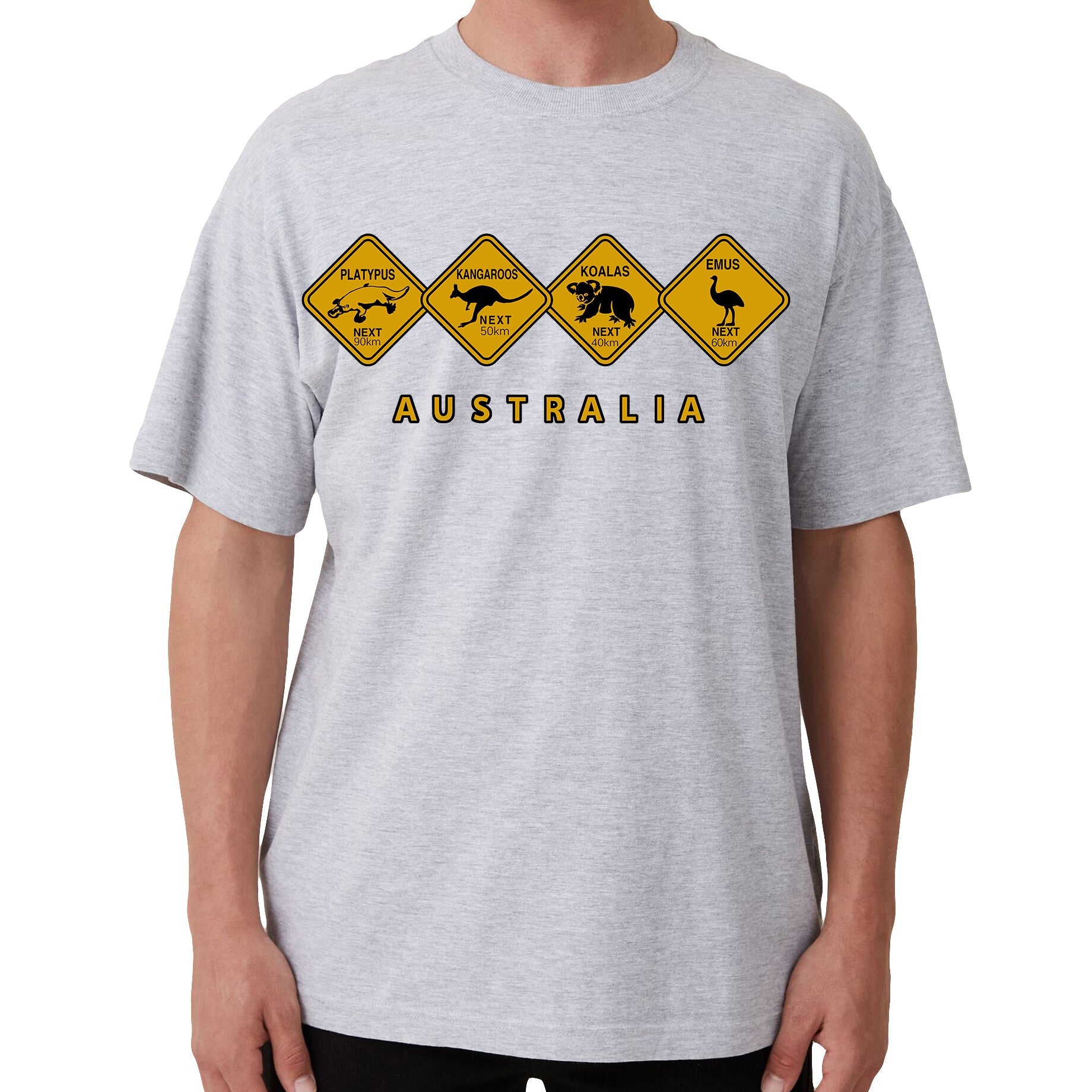 Adult Unisex 100% Cotton T Shirt Australia Wildlife Road Sign Souvenir Tee Tops Grey T Shirts