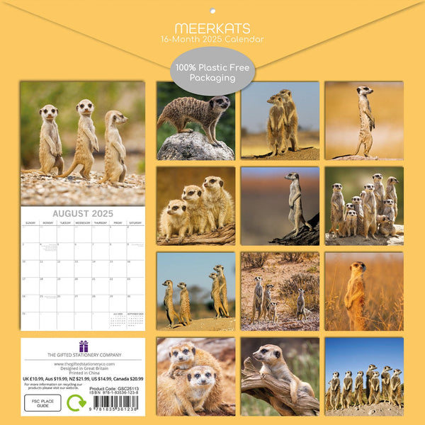 Meerkats 2025 Square Wall Calendar Pets Animals 16 Months Premium Planner Gift Calendars (Current)