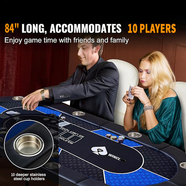 10 Player Foldable Blue Color Poker Table Blackjack Texas Holdem With Cup Holders Fireplace Pokers Tools