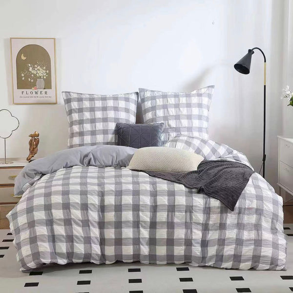 Rylee Grey Check Seersucker Quilt Cover Set Super King Size Quilt Covers