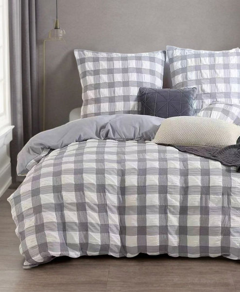 Rylee Grey Check Seersucker Quilt Cover Set Super King Size Quilt Covers